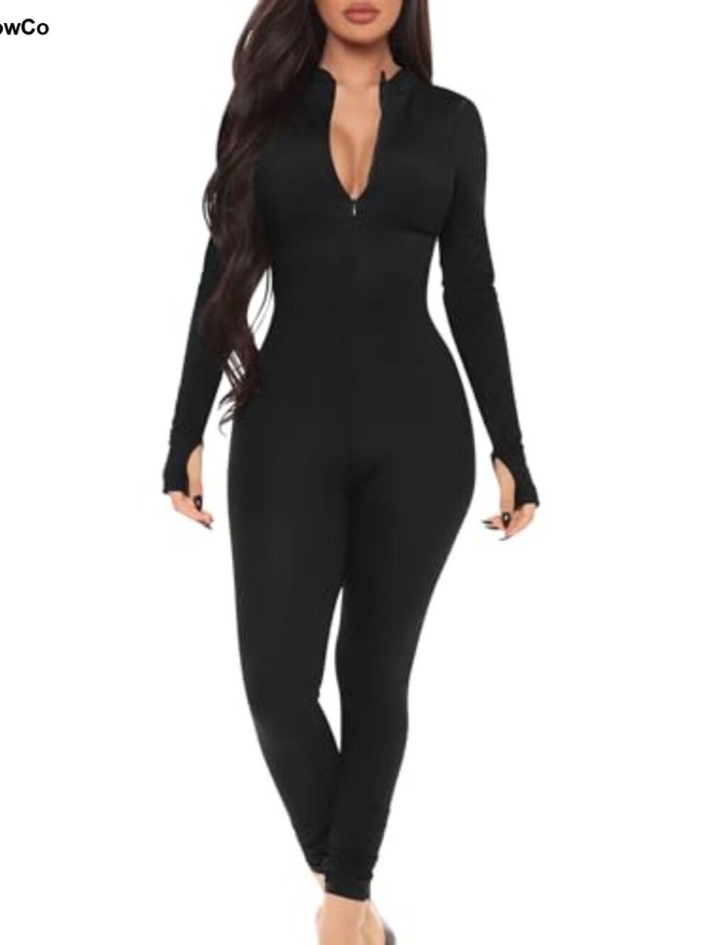 High Stretch One Piece Jumpsuit Long Sleeve Thumb Hole Zip Up Bodysuit